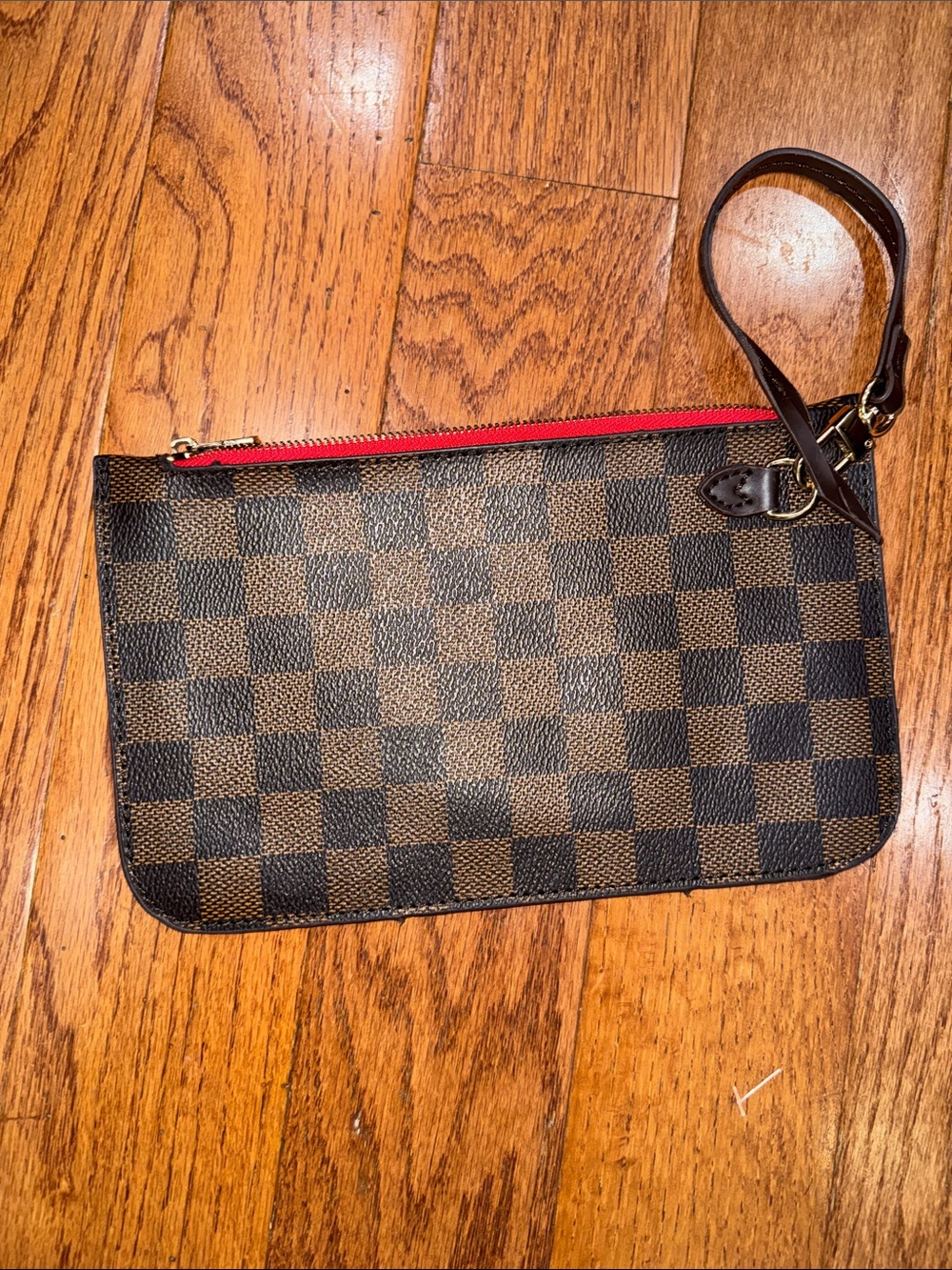 Brown Checkered Wristlet Pouch with Red Zip